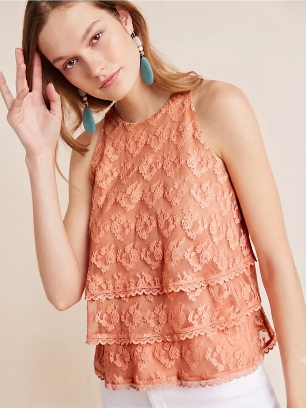 Anthropologie Tiered Peach Boho Cottagecore Lace Tank Top 10